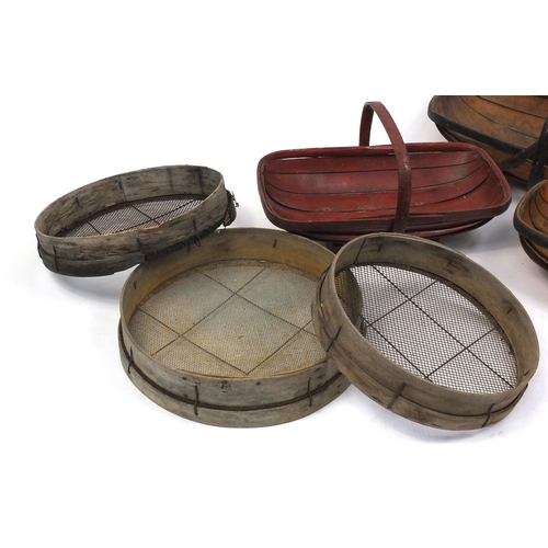 630 - Three vintage wooden trugs and three wooden garden sieves