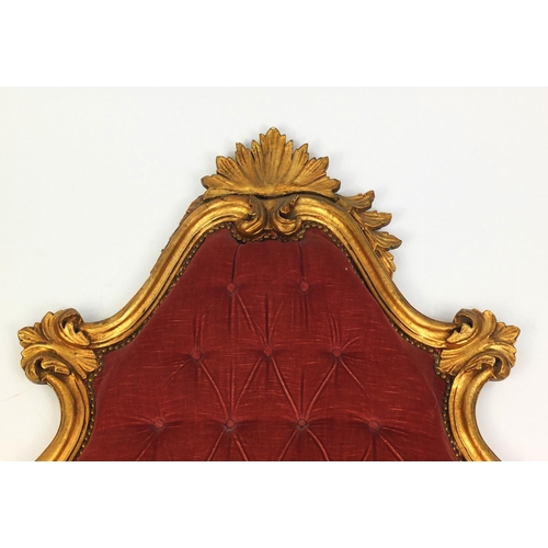 104 - Gilt wood head board with salmon button back upholstery, 109cm high 110cm wide