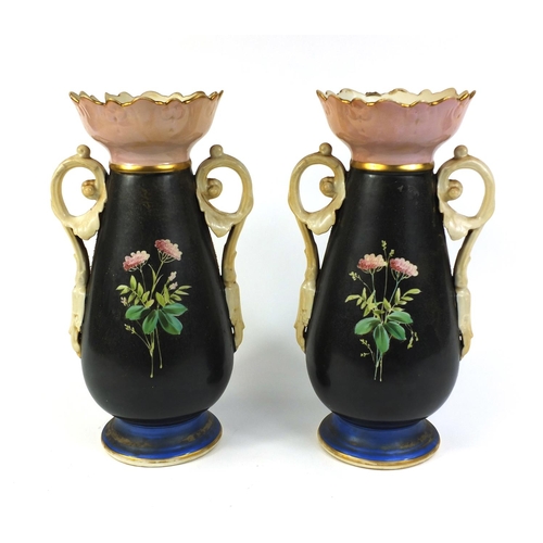 541 - Pair of Victorian twin handled porcelain vases with floral decoration, each with impressed numbers 1... 