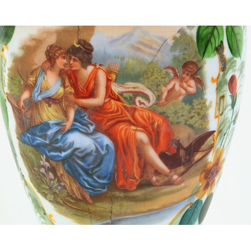 523 - Victorian glass vase decorated with a courting couple and cupid, 35cm high