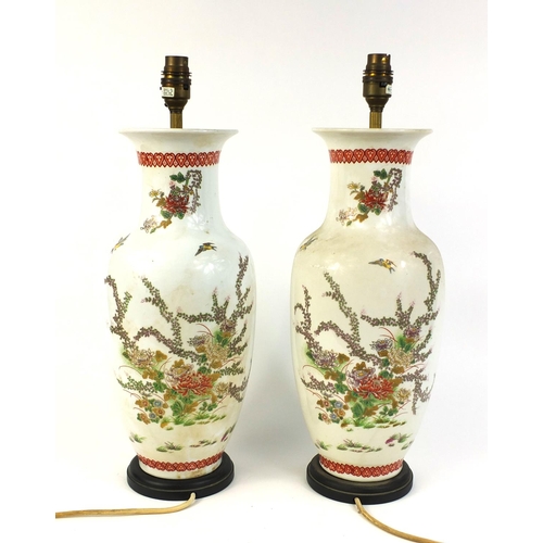 474 - Pair of Oriental porcelain vase table lamps decorated with birds and flowers, 47cm high