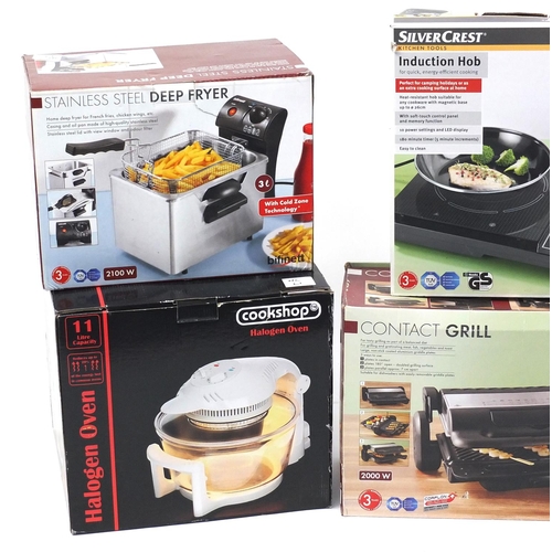 586 - Six boxed kitchen appliances comprising deep fryer, contact grill, induction hob, steamer, sandwich ... 