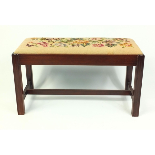 7 - Mahogany framed stool with floral needle point upholstery, 48cm high x 84cm wide x 37cm deep