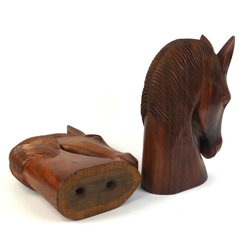 662 - Pair of large carved wooden horse head busts, 30cm high