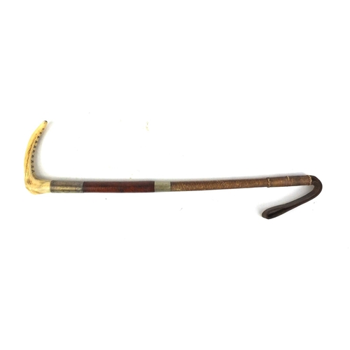 242 - Horn handled leather riding crop with silver coloured metal collar, 47cm long