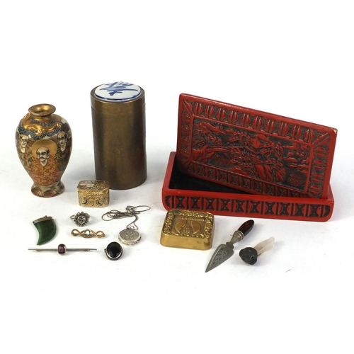 651 - Oriental items including a Japanese Satsuma vase, lacquered box and cover, costume jewellery etc