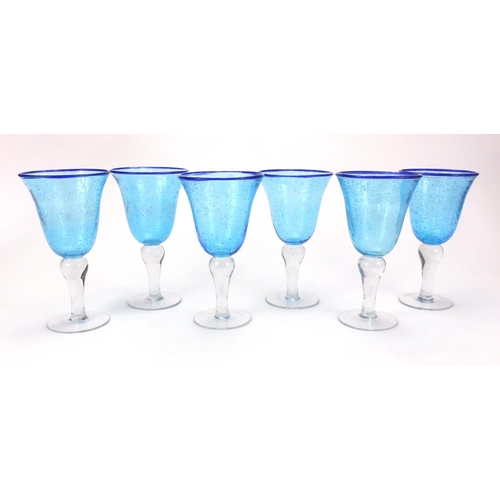 2132 - Set of six large blue and clear glass toasting glasses, each 21cm high