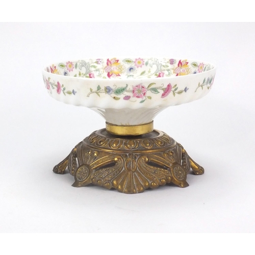 2134 - Ornate centre piece with floral porcelain bowl, 14cm high x 21cm in diameter