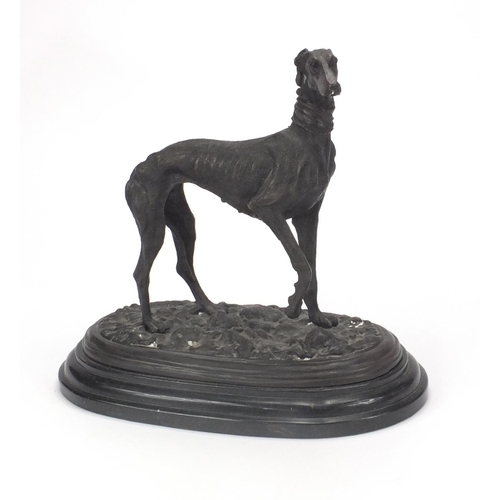 2102 - Bronze study of a greyhound raised on a faux marble base, signed Mene, 31cm high