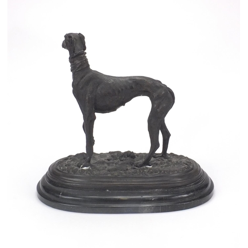 2102 - Bronze study of a greyhound raised on a faux marble base, signed Mene, 31cm high