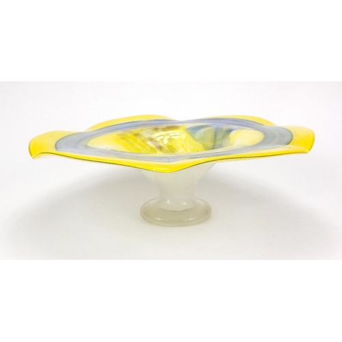 2108 - Yellow and blue glass centre piece with gold flecked decoration, 12cm high x 37.5cm in diameter