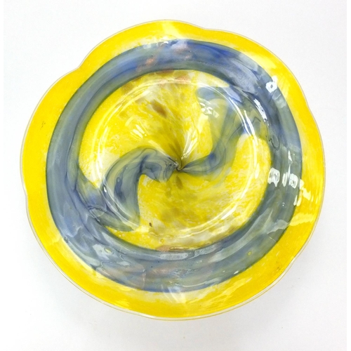 2108 - Yellow and blue glass centre piece with gold flecked decoration, 12cm high x 37.5cm in diameter