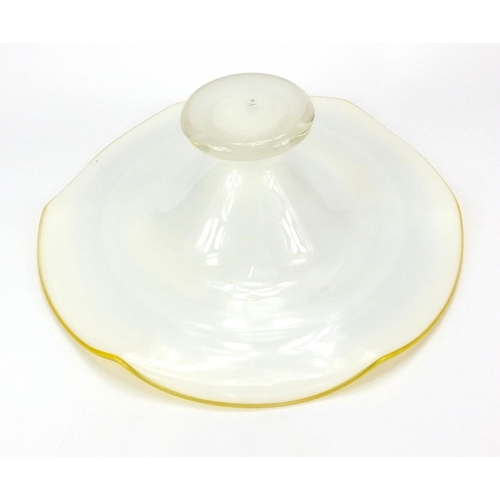 2108 - Yellow and blue glass centre piece with gold flecked decoration, 12cm high x 37.5cm in diameter