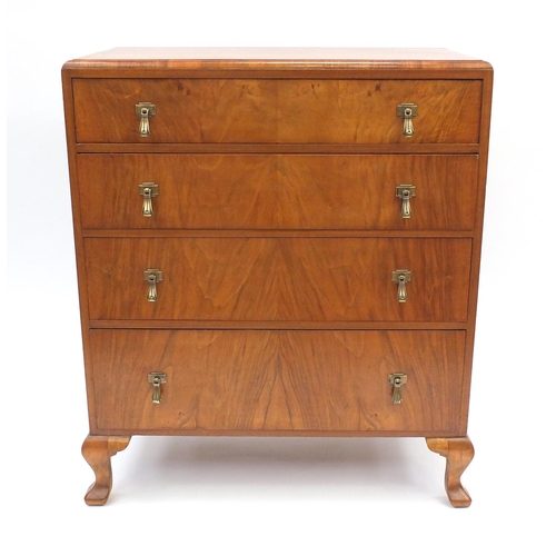2039 - Art Deco figured walnut four drawer chest by Waring & Gillow, raised on cabriole feet, 90cm high x 7... 