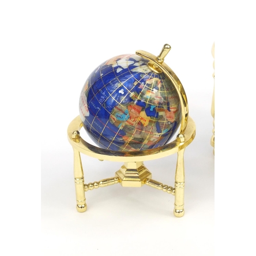 2103 - Two gem stone desk globes, the larger with compass inset under tier, the larger 25cm high