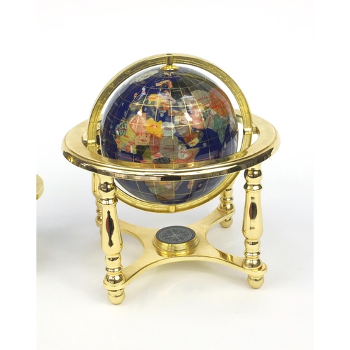 2103 - Two gem stone desk globes, the larger with compass inset under tier, the larger 25cm high