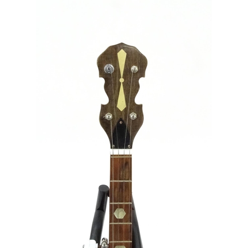 2175 - Mother of Pearl inlaid banjo with rosewood back and protective case, 98cm in length