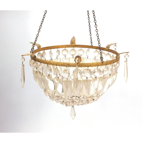 2047 - Pair of brass and cut glass bag chandeliers with leaf supports, each 30cm in diameter