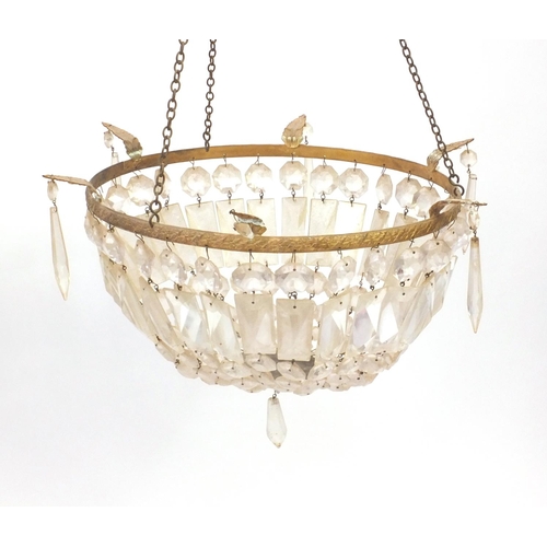 2047 - Pair of brass and cut glass bag chandeliers with leaf supports, each 30cm in diameter