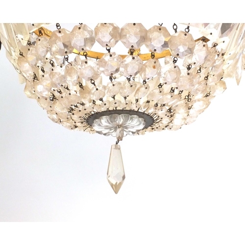 2047 - Pair of brass and cut glass bag chandeliers with leaf supports, each 30cm in diameter