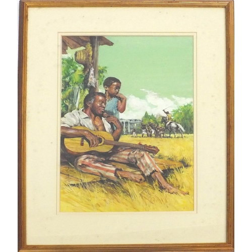 2116 - Watercolour and gouache onto card, life on a plantation, bearing a signature Gordon King, mounted an... 