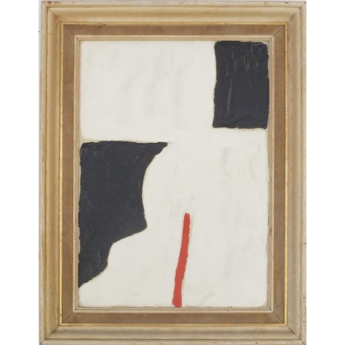 2113 - Oil onto board abstract composition, bearing an inscription John Hilton verso, mounted and framed, 3... 