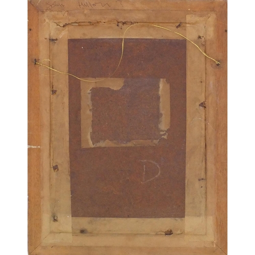 2113 - Oil onto board abstract composition, bearing an inscription John Hilton verso, mounted and framed, 3... 