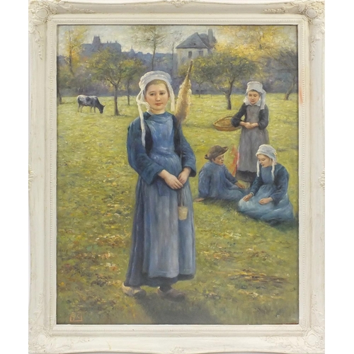 2086 - Dutch school oil onto board, children in a field, bearing a monogram GC, ornately framed, 100cm x 74... 