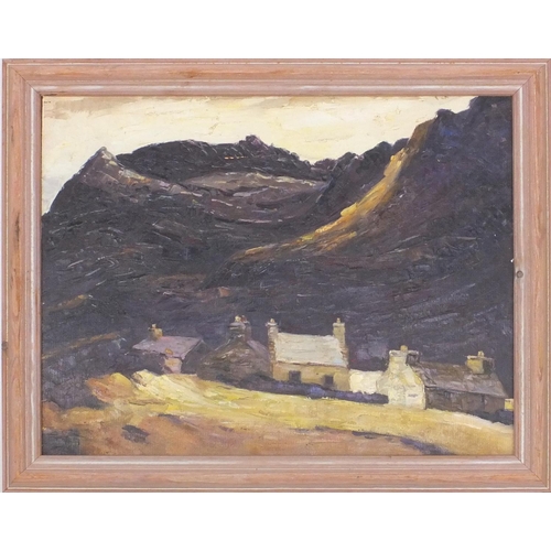 2228 - Welsh school oil onto board, landscape, bearing a monogram W, framed, 49cm x 40cm  excluding the fra... 