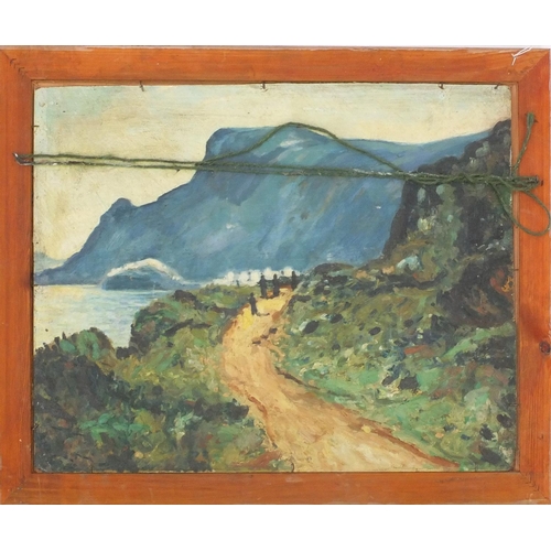 2228 - Welsh school oil onto board, landscape, bearing a monogram W, framed, 49cm x 40cm  excluding the fra... 