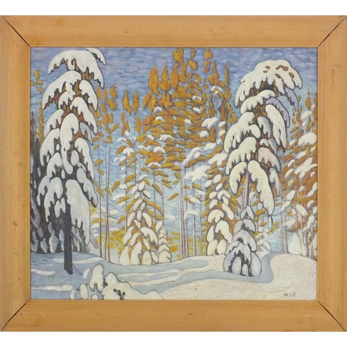 2087 - North American, Canadian school oil onto board, winter landscape, bearing a monogram AYJ, inscribed ... 