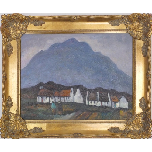 2118 - Irish school oil onto board, figures in a landscape, bearing a signature Mak?, ornately gilt framed,... 