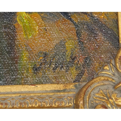 2118 - Irish school oil onto board, figures in a landscape, bearing a signature Mak?, ornately gilt framed,... 