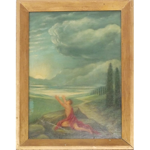 2110 - Oil onto board religious figure, bearing a monogram ES, gilt framed, 44cm x 30cm  excluding the fram... 