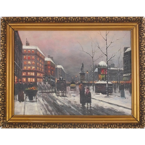 2121 - French impressionist oil onto canvas, night time Paris scene, bearing a signature Lunhard, gilt fram... 