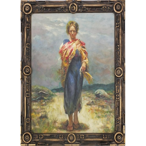 2177 - Italian impressionist oil onto board standing girl, bearing a signature Pina, framed, 59cm x 49cm  e... 