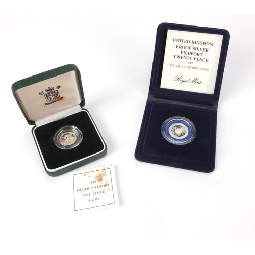 2305 - Two silver proof Piedfort coins, both with fitted boxes comprising 1982 twenty pence and a 1990 five... 