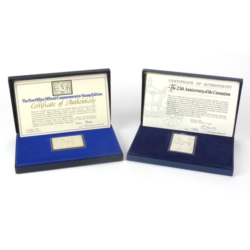 2300 - Two commemorative silver stamp ingots by The Danbury Mint, each with certificates and fitted boxes, ... 