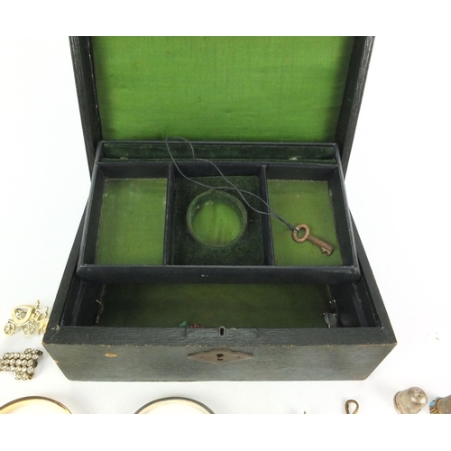 2543 - Victorian leather jewellery box with assorted jewellery including a 9ct gold metal core bracelet, 22... 