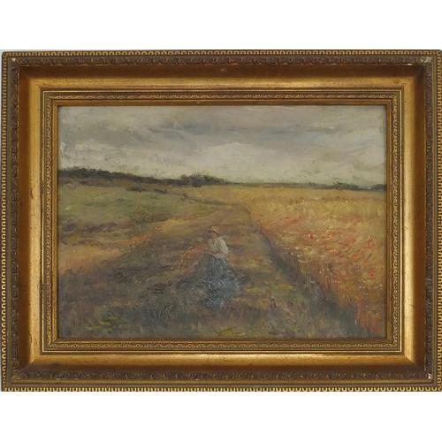 280 - Oil on board, farmer picking wheat, bearing a signature Phillips, 38cm x 28cm excluding the frame