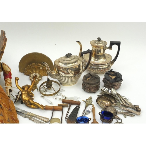 287 - Assorted metal wares including silver plated teapots, cutlery, gilt plaster cherub wall light, large... 