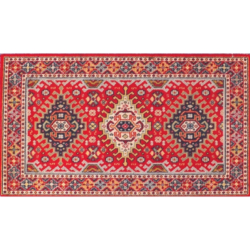 154 - Three assorted rugs two with geometric pattern and a salmon carpet runner