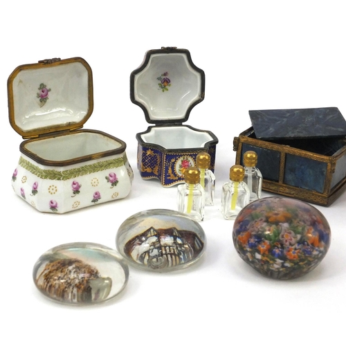 489 - Group of objects including a Royal Worcester blush ivory cup, glass paperweights, Lapis Lazuli jewel... 