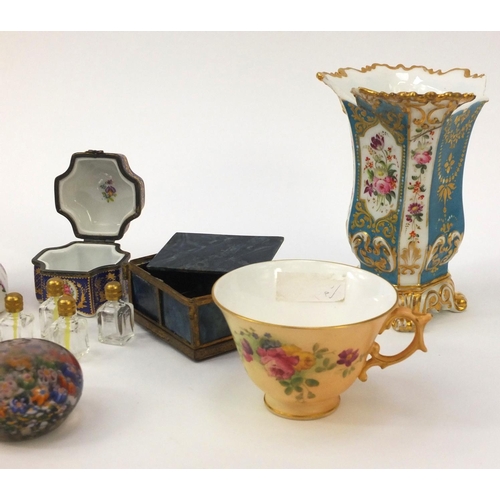 489 - Group of objects including a Royal Worcester blush ivory cup, glass paperweights, Lapis Lazuli jewel... 