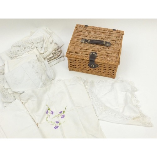 332 - Collection of Victorian and later linen and lace housed in a wicker picnic hamper