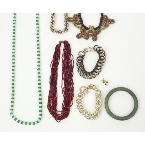 365 - Bag of assorted costume jewellery including Oriental Jadeite bangle, bead necklaces, pair of gold co... 