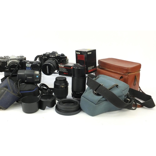 325 - Box of assorted cameras, lenses and accessories including Olympus, Nikon and Minolta examples and Ta... 