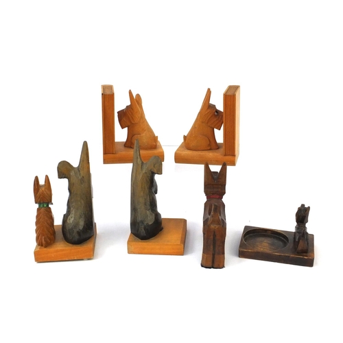 533 - Collection of carved wooden Scotty dog book ends and ashtrays