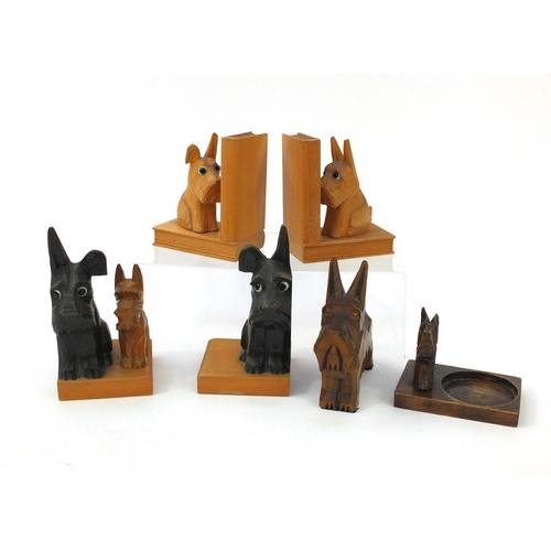 533 - Collection of carved wooden Scotty dog book ends and ashtrays