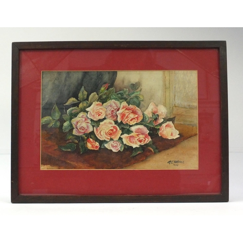 142 - RS Hardwick two signed watercolours, still life roses, each 32cm x 20cm excluding he mount and frame